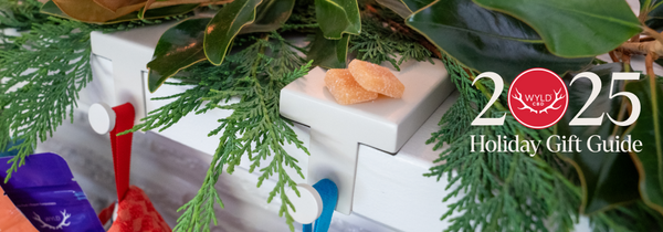 Wyld CBD Holiday Gift Guide banner featuring assorted CBD gummies on a festive greenery background with Wyld logo and 2025 holiday text.
